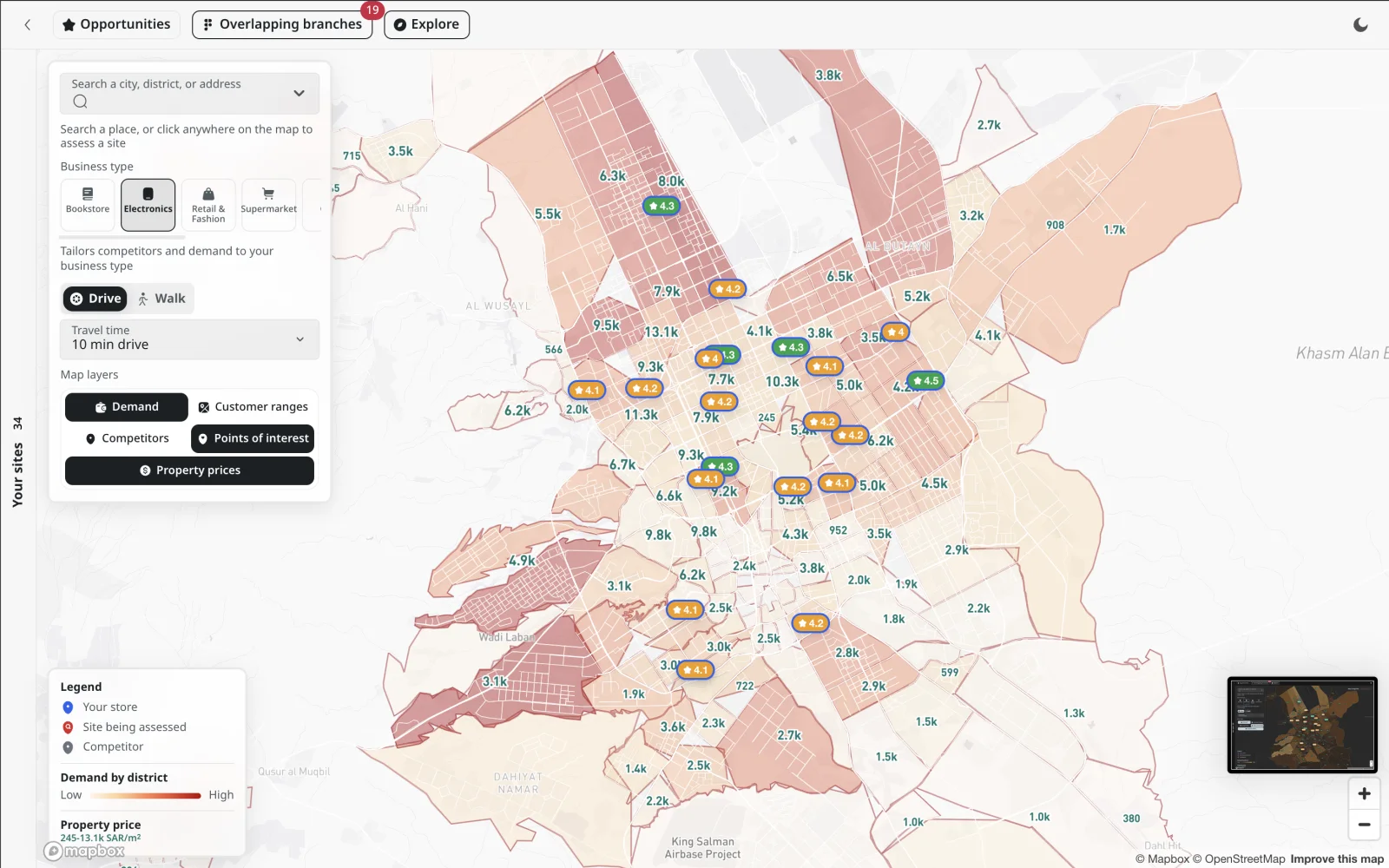 Qubit Location Intelligence map of Riyadh showing demand, branches, competitors, and property data